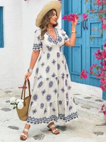SHEIN Clasi 大码波西米亚风 V 领短袖全印花休闲连衣裙，适合夏季 - 藍白色 - 查看 6