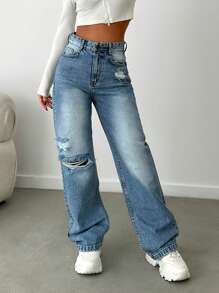 EURMUSE Women's Loose Fit Ripped Pockets Straight Leg Casual Jeans - Light Wash - View 1