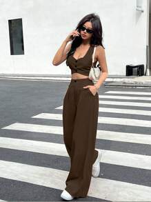 SHEIN Essnce 2pcs Women Plain Single-Breasted Cropped Vest And Pants Set - Coffee Brown - View 1