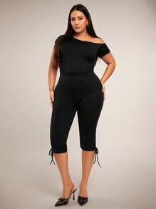 SHEIN BAE Plus Size Women's Black Casual Short Tight Leggings With Ribbon Tie Decor, Suitable For Valentine's Day, Carnival, Beach, Vacation, Back To School, Graduation Season,Modest - Black - View 4