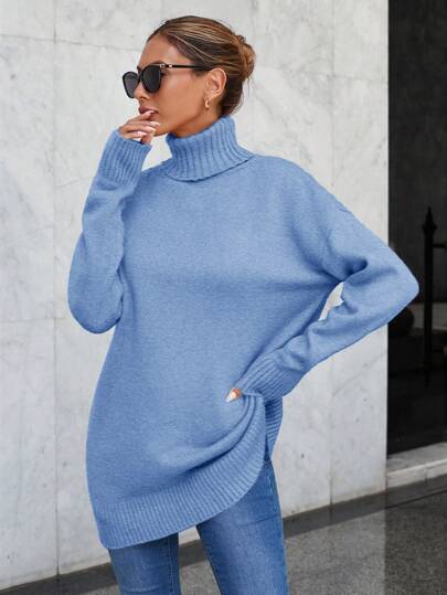 EURMUSE Dam enfärgad hög halsringning nedsänkt axel långärmad casual lös stickad pullover