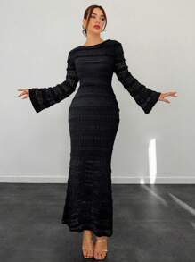 Aloruh Autumn/Winter New Arrival Women Elegant Lace Backless Strap Dress - Black - View 3