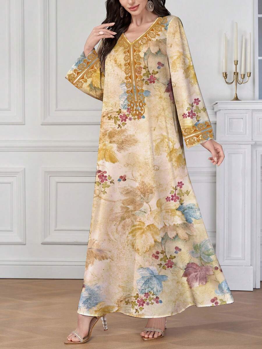 Al Najma 女士节日节日定位印花 Jalabiya 印花 V 领长袖长裙，端庄全长连衣裙