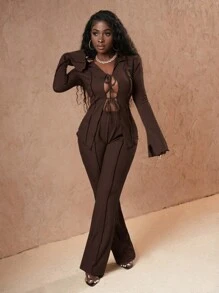 Slaydiva 2 Pieces Set Tie Front Shirt With Bow & Solid Flared Knit Pants - Brown - View 6