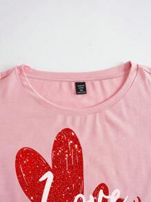 SHEIN LUNE 大码女式爱情字母和心形印花圆领短袖休闲上衣，适合情人节礼物 - 白色 - 查看 5