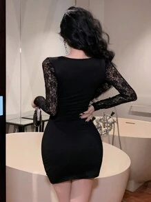 DAZY Sheer Lace Patchwork Fitted Waist Mini Black Dress For Women,Fall Dress Long Sleeve Dress