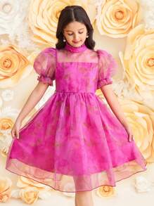 SHEIN Tween Girls Elegant Floral Print Organza Short Sleeve Pink Dress, Ramadan Dress, For Valentine's Day