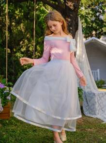 SHEIN Tween Girl 2 Pieces Set, Includes Off Shoulder Long Sleeve Bowknot Fitted Top In Pink And White Mesh Maxi Skirt, Elegant Casual Style For Spring/Summer Vacation, Girls Luxury Party Outfit