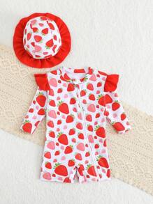 Newborn Girl Cute Strawberry Print Long Sleeve Ruffle One Piece Swimsuit With Sun Hat