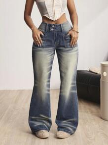 SHEIN ICON Jeans de mezclilla con bolsillo delantero y botones, para uso diario casual de mujer