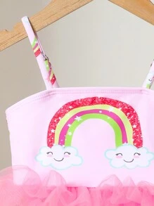 Baby Girl Rainbow Print Contrast Mesh Ruffle Detail One-Piece Swimsuit - Multicolor - View 7