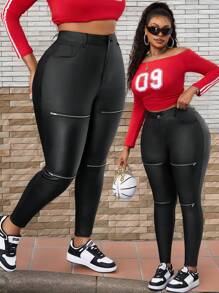 Jeggings pitillo con cremallera decorativa para mujer talla grande, revestidos en negro - Negro - Ver 5