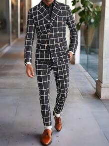 Manfinity Mode Stylish Men's Grid Pattern Two-Piece Suit Set In Black And White - Multicolor - View 1