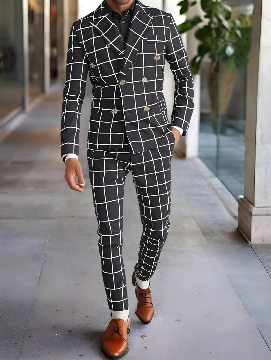 Manfinity Mode Stylish Men's Grid Pattern Two-Piece Suit Set In Black And White - Multicolor - View 1