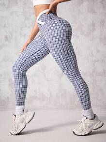 SHEIN Sport Studio Women's Asymmetrical Waistband Plaid Casual Gym Sports Leggings