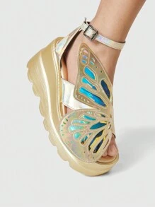 ROMWE Grunge Punk 2024 年夏季新款户外休闲金色蝴蝶平底厚底凉鞋