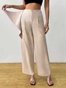 Chiquease Women's High-Waisted Fold-Over Wide Leg Pants - Beige - View 5