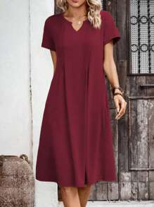 EMERY ROSE Women's Solid Color Collar Notch Pocket Short Sleeve Casual Mid-Calf Dress - Red - View 7