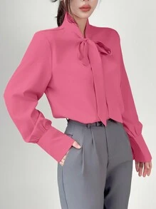SHEIN LUNE Blusa elegante de manga larga con cuello de corbata de unicolor para mujer - Rosa Fucsia - Ver 4