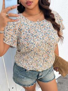 SHEIN LUNE Floral Ruffle Trim Plus Size Women's Casual Shirt, Fresh And Romantic Spring Break Boho Rave Festival Spring Break Old Money Style Women Rave Summer Spring For Women Beach Saint Patrick Easter Lounge Top For Women Summer Vacation Woman Easter Rave Festival Boho Women Country Women Country Concert Spring For Women Summer Western Wear Women Top - Multicolor - View 1