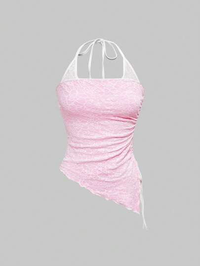 Canotta con scollo alla halter in pizzo bicolore, sexy, per San Valentino