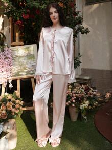 蕾丝拼布彼得潘领甜美女孩仿丝开衫配蝴蝶结睡衣套装 - 粉色 - 查看 6