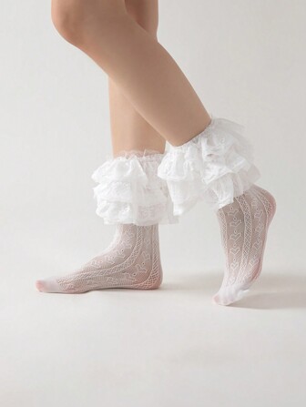 Kawaii Calcetines de media pantorrilla de color liso con adorno de encaje para mujer, de uso diario con estilo
