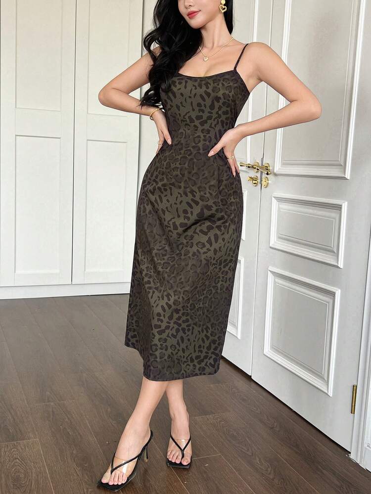 Women's Casual Fashionable Leopard Print Spaghetti Strap Split Dress Boho Sundress Cheetah Print