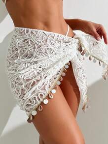 SHEIN X Sofía Suescun Swim Vcay Springbreak Solid Color Textured Mesh Shell Tassel Decor Triangle Cover-Up Skirt, For Summer Vacation - White - View 2
