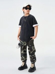 SHEIN Teenager Solid Color Versatile Crew Neck Casual Short Sleeve T-Shirt - Black - View 5