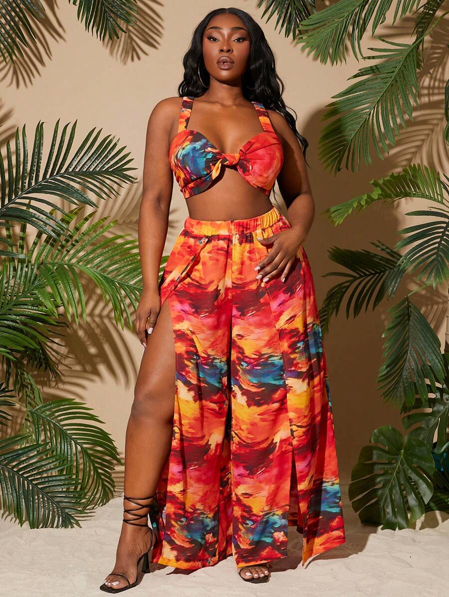 SHEIN SXY Set de 2 piezas de mujer talla grande primavera-verano 2025 con top con nudo y sujetador lindo, y pantalones fluidos y elásticos de cintura alta con abertura lateral de gasa, adecuado para la playa, citas, cumpleaños, despedida de soltera, look lindo y casual, para ir de compras, salir, fácil de combinar y que estiliza la figura.
