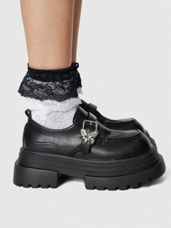 Goth Scarpe Mary Jane da donna in stile punk rock, gotico, nere, con cinturini e decorazione a farfalla, con platform e oxford con tacco chunky
