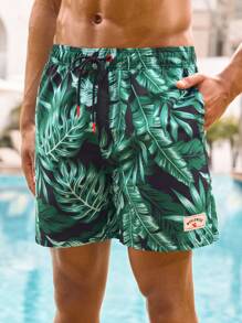 Manfinity VDAYZ Pantalones cortos de playa con cordones y bolsillos con estampado completo para hombres, shorts de baño informales y de vacaciones para parejas, novio, de estilo hawaiano