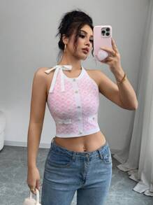 SHEIN Unity قمصان عنق طاقم بلا أكمام بلون متباين بأسلوب فرنسي جديد رقيق وحلو للنساء، مناسبة للربيع/الصيف - وردي - مشاهدة 7