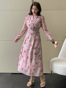 DAZY 女式花卉印花 V 领收腰连衣裙，粉色，假日和度假海滩，春秋季挤奶女工连衣裙长袖连衣裙