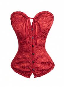 Flirla Plus Size Women's Red Cropped Bustier Top, Retro Sexy Waist Cinched Design For Formal Events, Music Festivals, Celebrations, Spring/Summer - Red - View 1