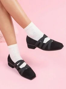 CUCCOO DOLLMOD 女士 3D 交叉带弹性松紧设计可爱休闲通勤芭蕾平底鞋方头浪漫甜美黑色绒面革一脚蹬乐福鞋适合约会、下午茶、派对、玛丽珍鞋情人节 - 黑色 - 查看 1