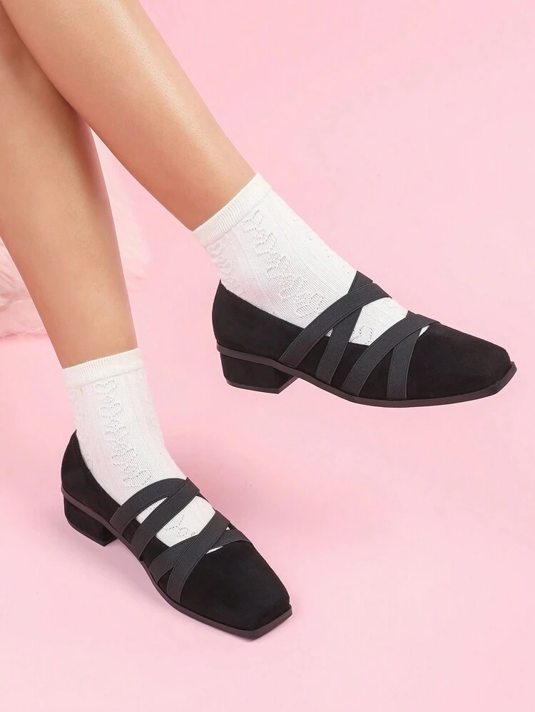 CUCCOO DOLLMOD 여성 3D 크리스 크로스 스트랩 탄성 고어 디자인 귀여운 캐주얼 통근용 발레 플랫 스퀘어 토 낭만적 달콤한 블랙 스웨이드 슬립온 로퍼 데이트, 애프터눈 티, 파티, 마리 제인 신발 발렌타인데이용