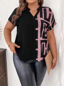 SHEIN Clasi Plus Size Color Block Geometric Printed Notched Collar Short Sleeve Casual Shirt For Summer - Pink - View 3
