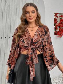 SHEIN Clasi Plus Size Women Front Tie All-Over Print Casual Blouse, Suitable For Leisure And Holiday - Multicolor - View 4