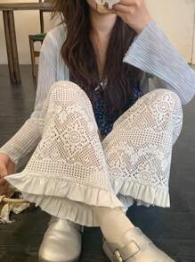 FRIFUL Pantalones de cintura alta de 7/8 con textura de red de crochet blanco, estilo de vacaciones de verano para mujeres