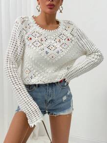 EURMUSE WOMEN Flower Embroidered Seasonless Flowers Patterned Bobble Knit Sweater - White - View 1