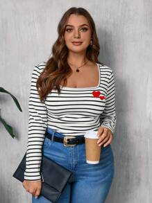 SHEIN LUNE Casual Minimalist All-Over Print Plus Size Square Neck T-Shirt Casual Outfits Women Women Long Sleeve Tops Spring Outfits For Women - Multicolor - View 6