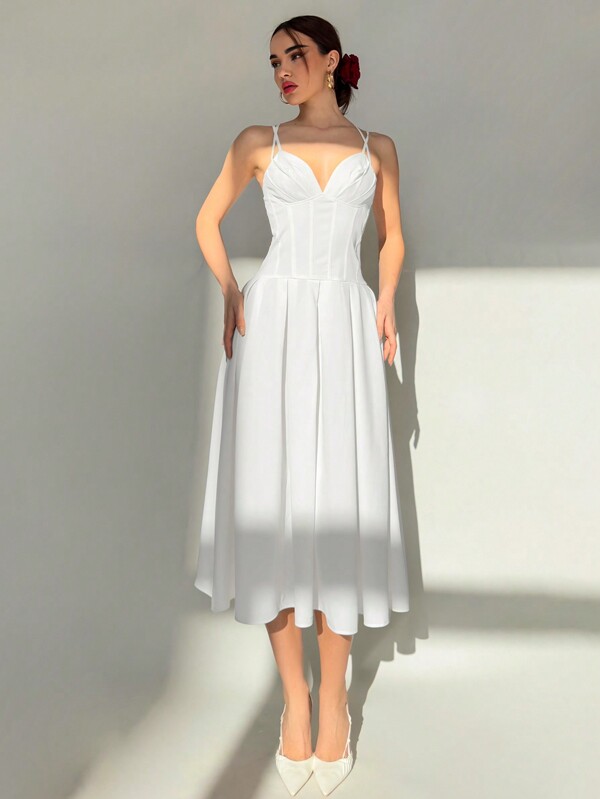 Aloruh Damska Jednolita Kolorowa Sukienka Spaghetti Paski Plisowana Elegancka Na Ślub