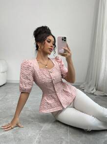 Chiquease Pink Textured Casual Short Sleeve Button Down Shirt - Pink - View 4