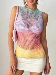 SHEIN Unity Women Casual Hollow Out Sleeveless Random Ombre Knit Top - Multicolor - View 5