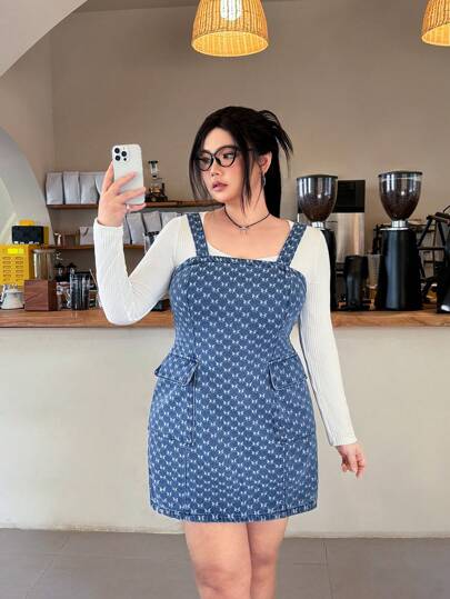 SHEIN EZwear 大码女式蝴蝶结装饰牛仔连身裤连衣裙
