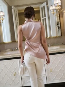 Elenzga Romantic Pink Crepeline Elegant Sleeveless Bow Collar Blouse - Pink - View 2