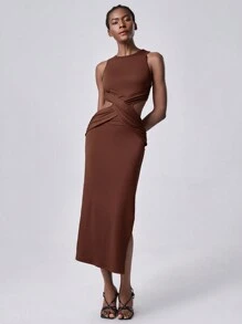 SHEIN Luminelle Đầm dài hở eo màu nâu gợi cảm cho nữ - Cà phê nâu - Xem 6