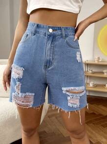 SHEIN EZwear Women Pockets & Distressed Raw Hem Casual Denim Shorts